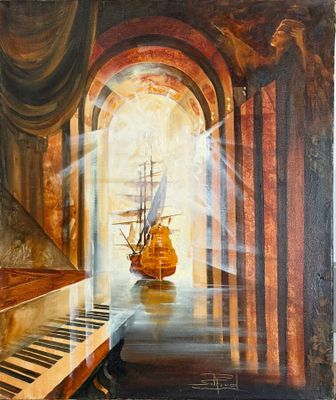 a painting of a piano and a ship in a room