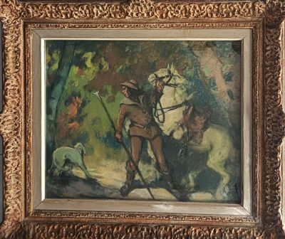 tableau représentant un homme à cheval accompagné d'un chien dans un environnement boisé