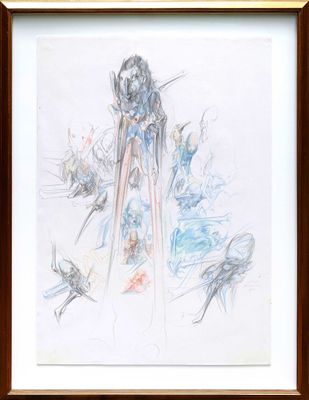 drawing of a woman in a blue dress surrounded by birds