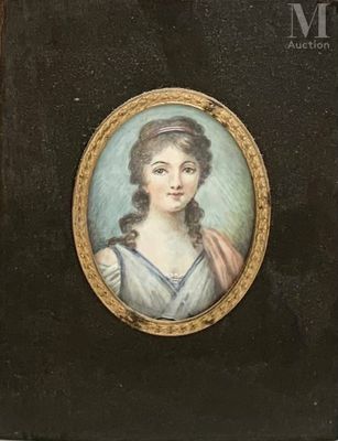 portrait d'une femme en robe bleue, les cheveux tressés, dans un cadre doré