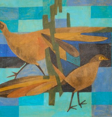 tableau représentant deux oiseaux posés sur un fond bleu et vert