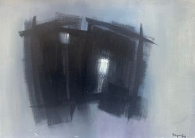 an image of a painting of a black and white building on a gray background