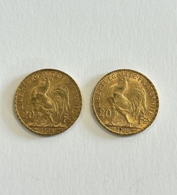 two gold coins sitting side by side on a white surface