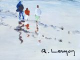 a painting of three people walking on the beach