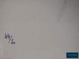a picture of a white refrigerator with blue writing on it