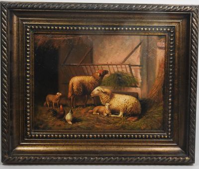 an oil painting of sheep and chickens in a barn by a window