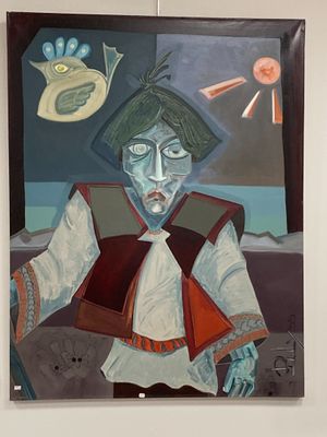 un tableau représentant un homme assis sur une chaise, avec un oiseau en arrière-plan
