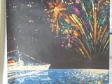une grande affiche représentant un bateau orné de fleurs