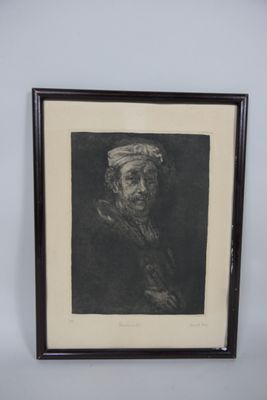 a black and white drawing of an old man with a turban