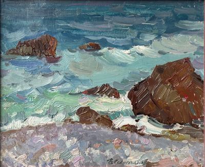 an oil painting of a beach scene with rocks in the water