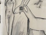 drawing of a woman standing next to a goat with a man in the background