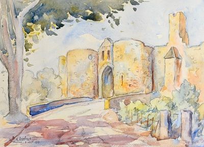a watercolor painting of a building with a tree in the foreground