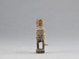 wooden figurine of a man with a rope wrapped around his neck