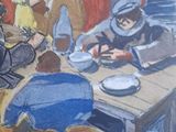 painting of a group of people sitting around a table eating food