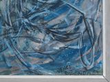 abstract painting of a woman ' s face in blue and black