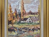 an oil painting of a white house in a field with trees in the background
