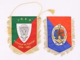 two flags of different colors are hanging on a white wall
