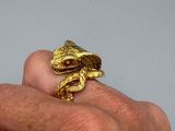 a person holding a gold ring with a snake on it