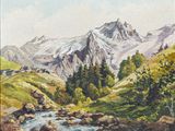 an image of a painting of a mountain scene with a stream in the foreground