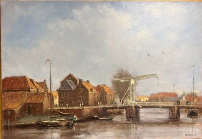 un tableau représentant un pont enjambant une rivière sur laquelle naviguent des bateaux