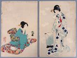 two paintings of a woman in a kimono dress and a woman in a kimono dress