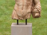 statue représentant un torse masculin posée sur un socle dans un champ herbeux