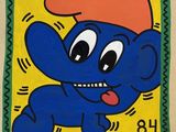 painting of a blue elephant with a red hat and tongue sticking out