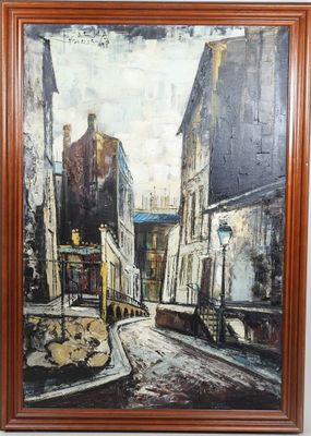 peinture à l'huile encadrée représentant une scène de rue avec des bâtiments et un lampadaire