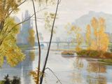l'image d'une peinture représentant une rivière avec un pont en arrière-plan