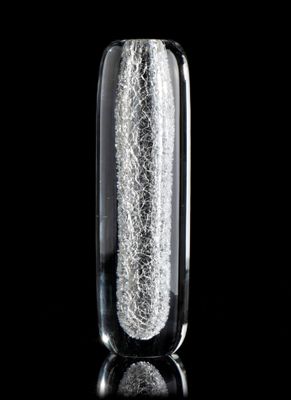 a glass vase that has a rock inside of it