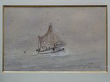 une peinture représentant un bateau dans l'eau avec des personnes à bord