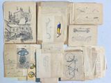 beaucoup de vieux papiers sur lesquels figurent des dessins