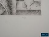 pencil drawing of a vase on a table next to a vase on a shelf