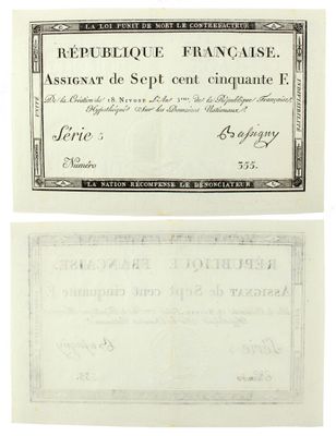 a black and white image of a french bank note and a french bank note