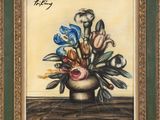 an oil painting of a vase with flowers in it on a table
