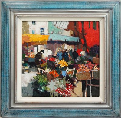 une image représentant un tableau illustrant une scène de marché, dans un cadre bleu