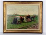 une peinture représentant un groupe de personnes travaillant dans un champ