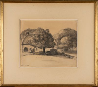 an image of a drawing of a house and trees in a field