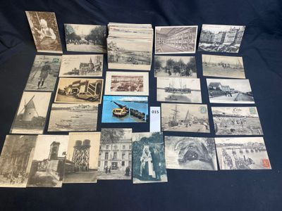 several old black and white photographs of buildings and boats on a table