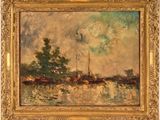 un tableau représentant des bateaux sur une rivière, avec des arbres en arrière-plan