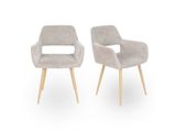 two grey chairs with wooden legs on a white background