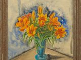 a painting of orange flowers in a blue vase on a table