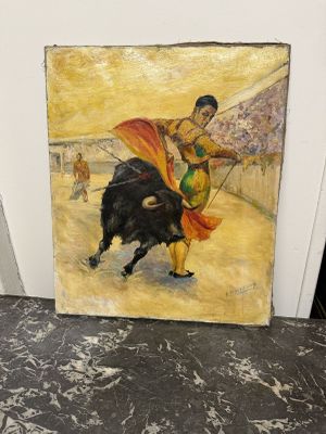tableau représentant un taureau et un homme portant une cape rouge