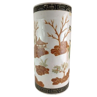 a tall vase with a painting on it sitting on a table