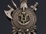 an image of a metal badge with two knives and a crown