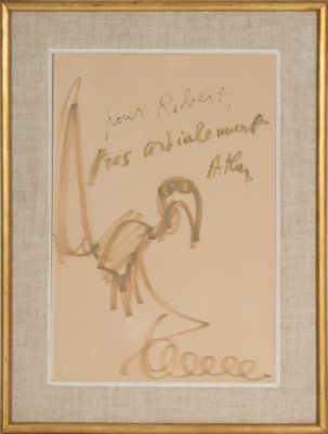 dessin d'un cheval encadré, comportant une inscription, dans un cadre doré