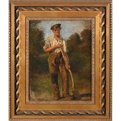 un tableau représentant un homme tenant une batte de baseball dans un champ