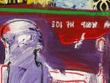 painting of a man in a purple shirt with a red frisbee in his hand