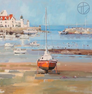 an oil painting of a boat on a beach near the water