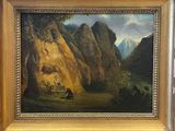 a picture of a painting of a mountain scene in a frame